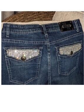 TRU LUXE Rhinestone Flap Pocket Bootcut Jeans, Stretch Dark Wash - size 4/27